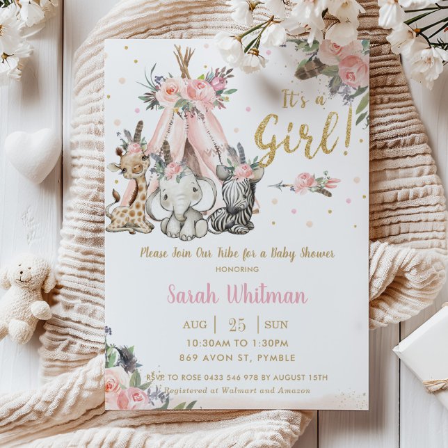 Invitation Chic Jungle Animaux Boho Tribal Girl Baby shower (tribal boho jungle animals pink floral teepee elephant zebra giraffe baby girl shower invitation )