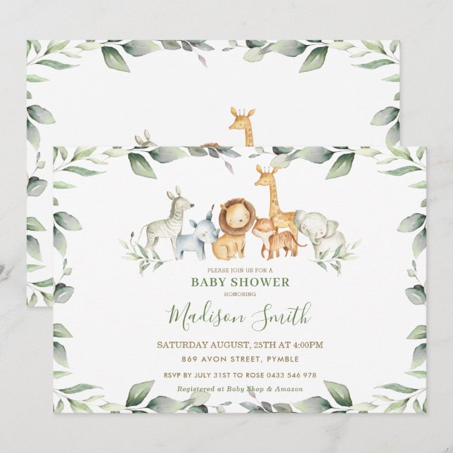 Invitation Chic Jungle Animaux Pastel Baby shower verdoyant (Devant / Derrière)