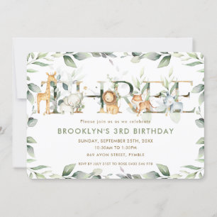 Invitation Chic Jungle Animaux Verdure 3e anniversaire Trois