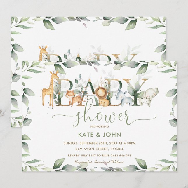 Invitation Chic Jungle Animaux Verdure Baby shower Neutre (Devant / Derrière)