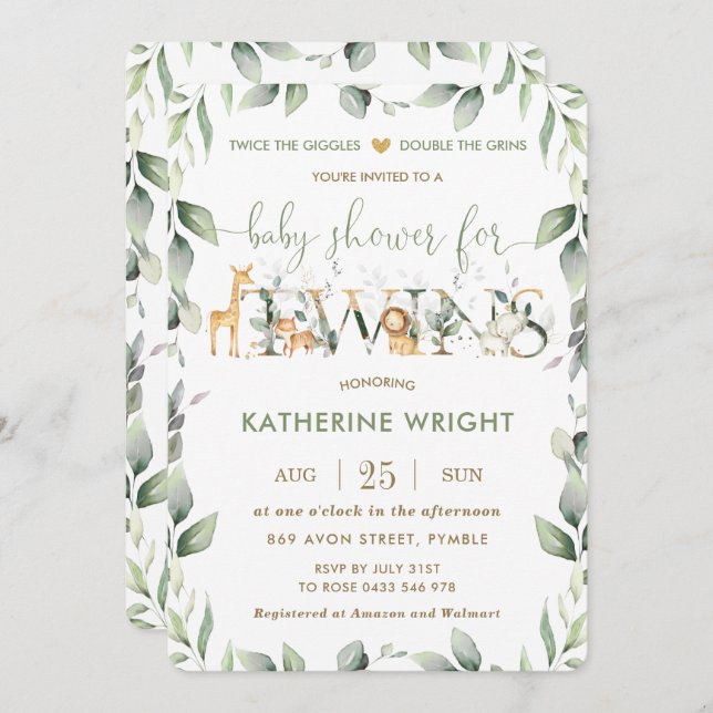 Invitation Chic Jungle Animaux Verdure Twins Baby shower (Devant / Derrière)