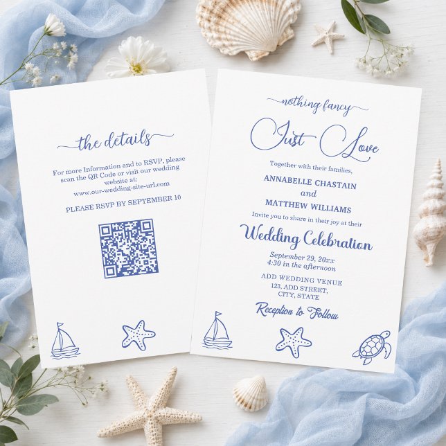 Invitation Chic Just Love Code QR Vie Marine Mariage (Créateur téléchargé)
