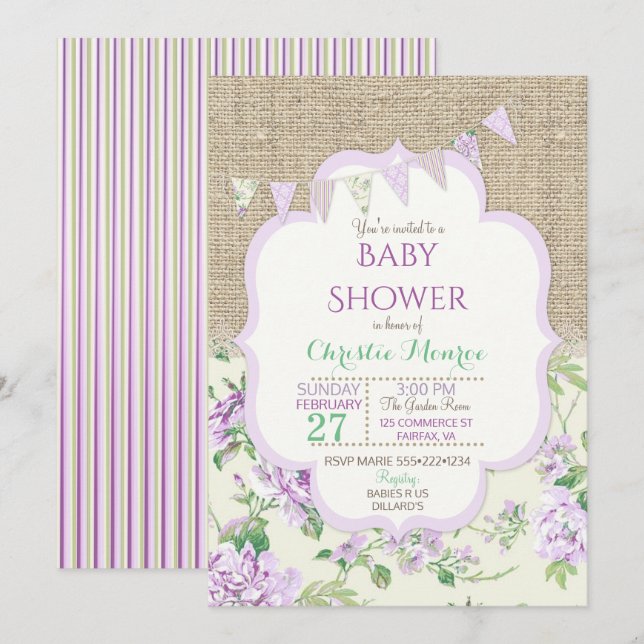 Invitation Chic Lavande Country Rustique Brodé Toile de Jute (Devant / Derrière)