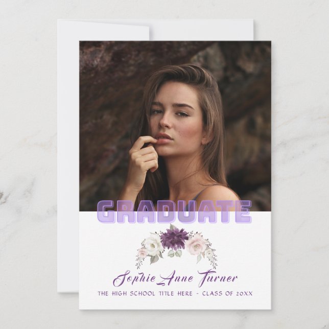 Invitation Chic Lavender Plum Floral Purple Photo Graduation (Devant)
