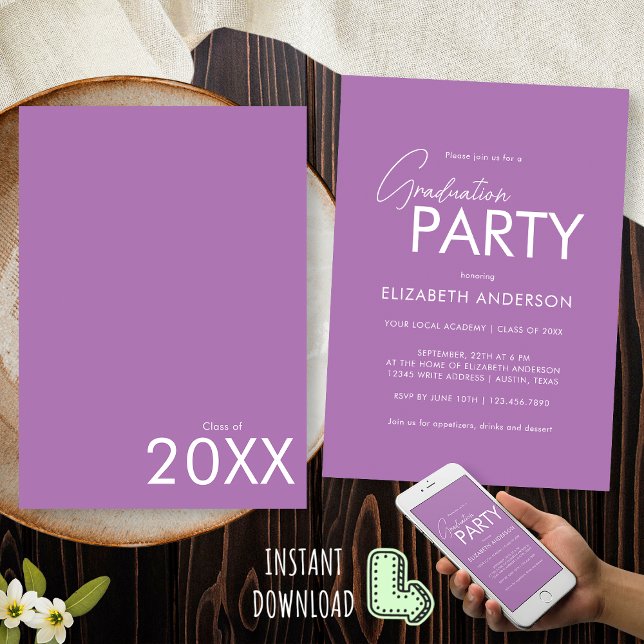 Invitation Chic Lavender Purple Typographie Partie de graduat (Créateur téléchargé)
