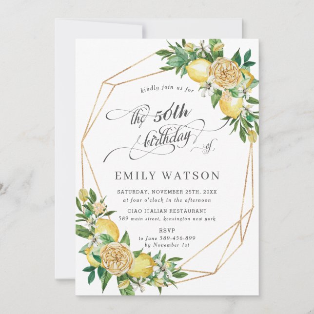 Invitation Chic Lemon Floral Greenery Géométrique 50e anniver (Devant)