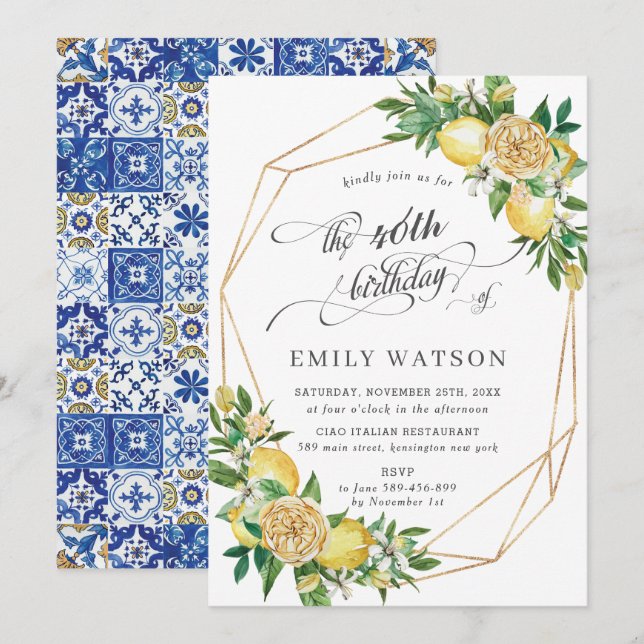 Invitation Chic Lemon Floral Vert Géométrique Anniversaire (Devant / Derrière)