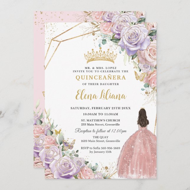 Invitation Chic Lilac rose Floral Rose Quinceanera Sweet 16 (Devant / Derrière)