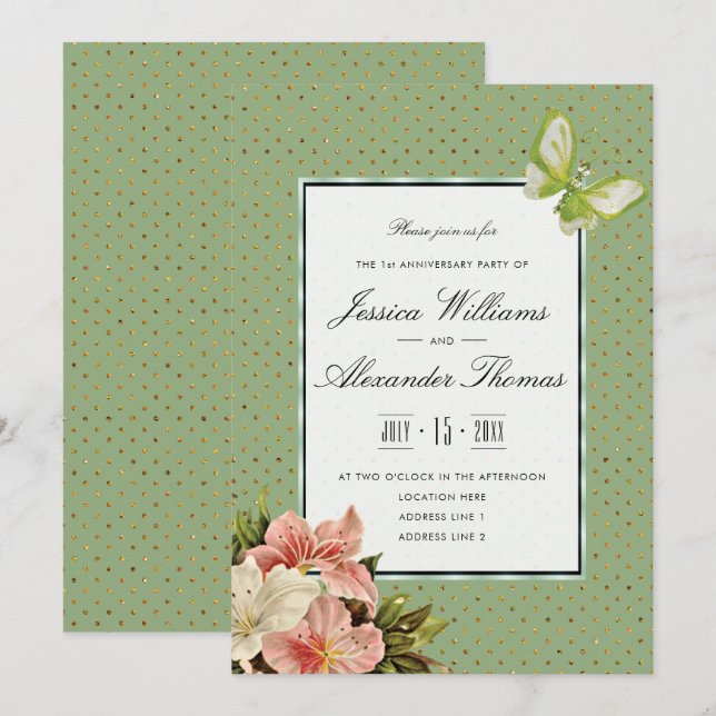 Invitation Chic Lilies & Papillon Bijou 1er Anniversaire (Devant / Derrière)