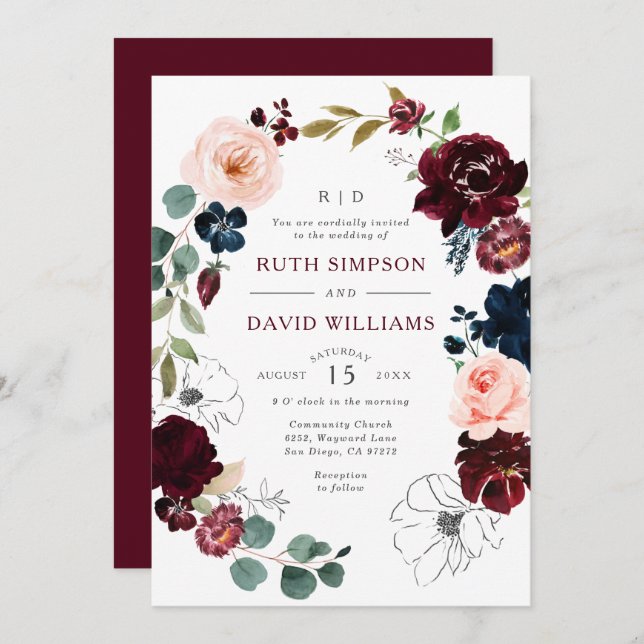 Invitation Chic Line Art Bourgogne Marine Floral Blossom Mari (Devant / Derrière)