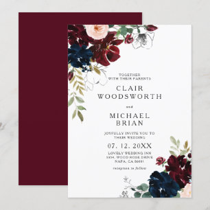 Invitation Chic Line Art Croquis Burgundy Marine Floral Maria