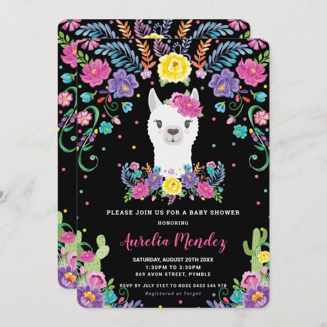 Invitation Chic Llama Floral Baby shower mexicain Chalkboard (Devant / Derrière)