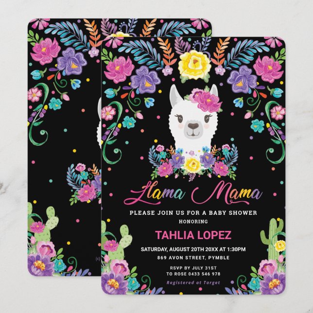 Invitation Chic Llama Mama Mexicaine Floral Baby shower Girl (Devant / Derrière)