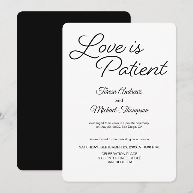 Invitation Chic Love est Patient Réception de Mariage (Devant / Derrière)