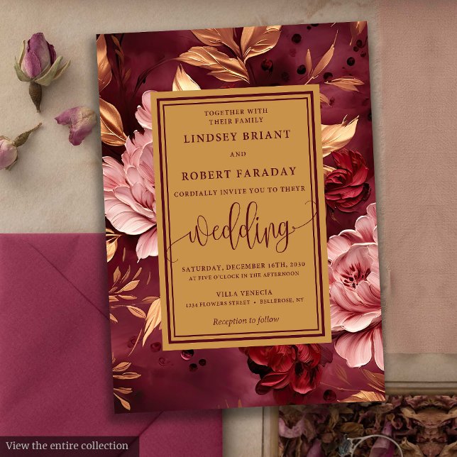 Invitation Chic Lux Bourgogne Blush Gold Floral Wedding Invit (Chic Lux Burgundy Blush Gold Floral Wedding Invitation)