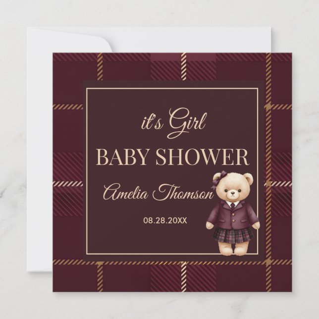 Invitation Chic Luxe Ours en peluche Baby Shower  (Devant)