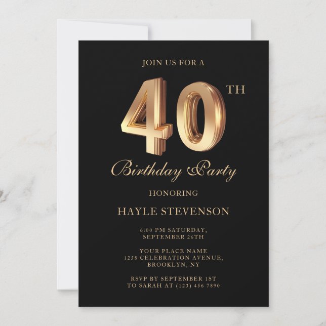 Invitation Chic Luxueux Anniversaire 40 Ans Noir & Or (Devant)