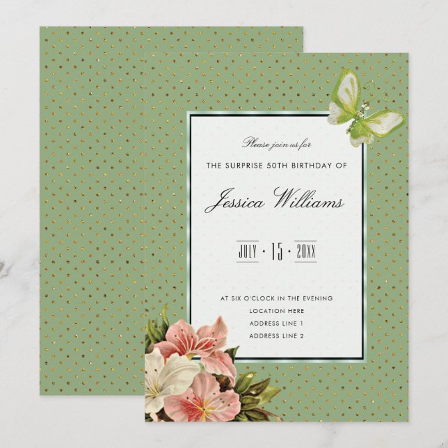 Invitation Chic Lys & Papillon Bijou Surprise 50e Anniversair (Devant / Derrière)