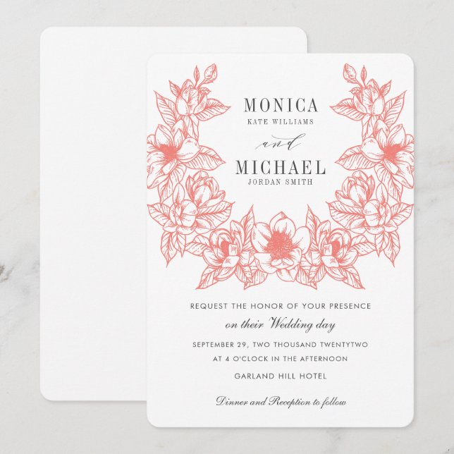 Invitation Chic Magnolia Wreath | Corail | MARIAGE (Devant / Derrière)