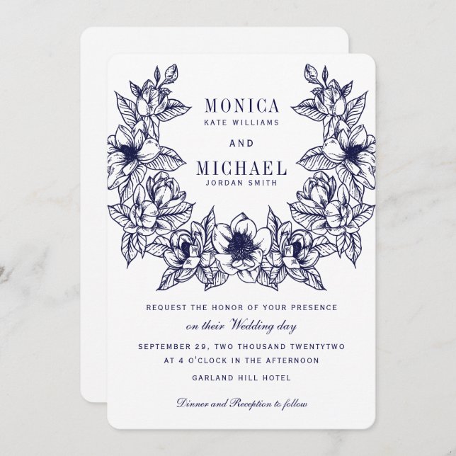 Invitation Chic Magnolia Wreath | Mariage bleu marine (Devant / Derrière)