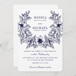 Invitation Chic Magnolia Wreath   Mariage bleu marine