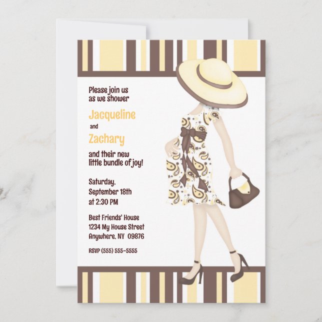 Invitation Chic Maman-to-Be Brown Baby shower rayé jaune (Devant)