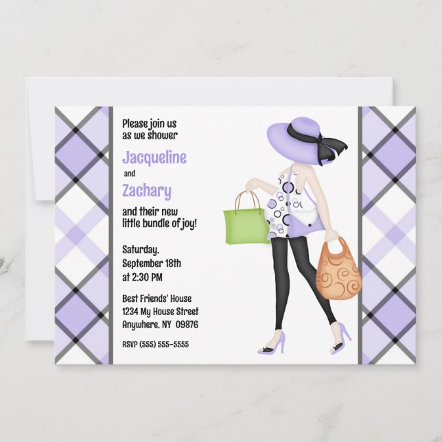 Invitation Chic Maman-to-Be Purple Plaid Baby shower (Devant)