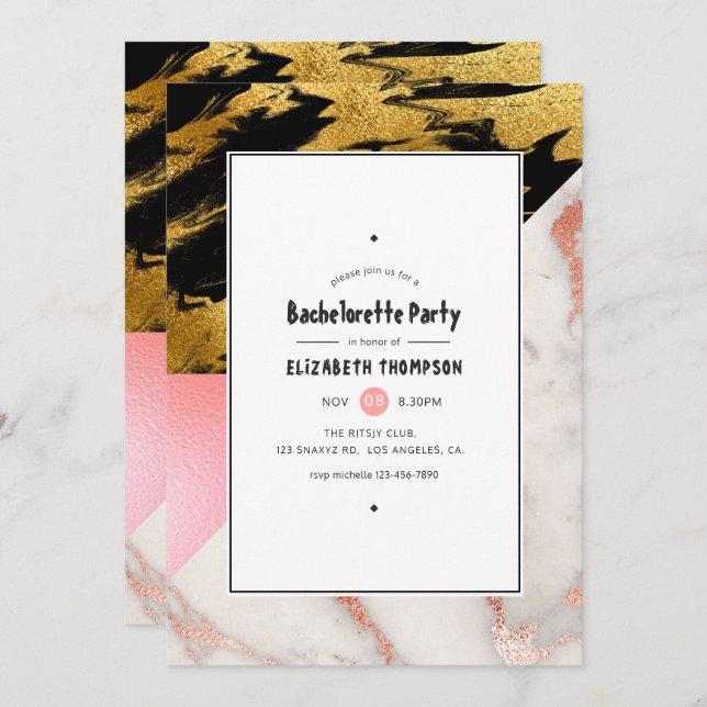 Invitation Chic Marbre et Foil Geometry Bachelorette Party (Devant / Derrière)