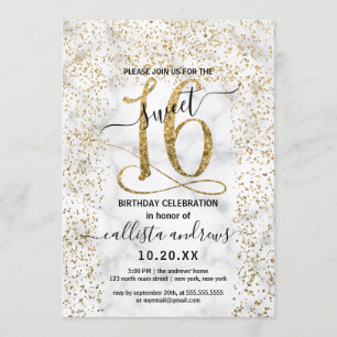 Invitation Chic Marbre Or Confetti Bordure Sweet 16