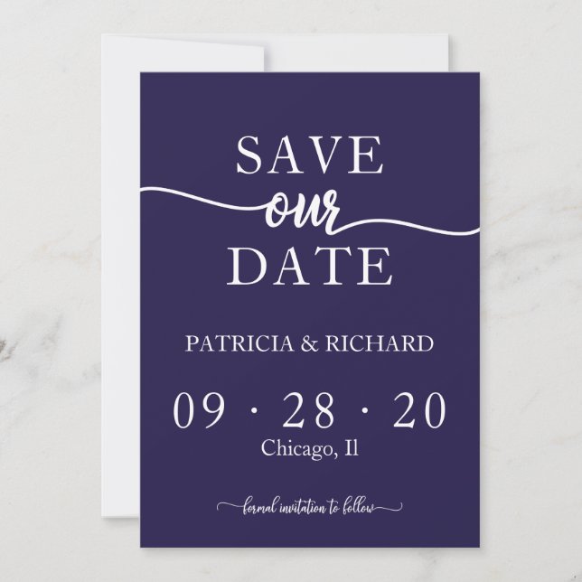 Invitation Chic mariage bleu marine calligraphie Enregistrer  (Devant)