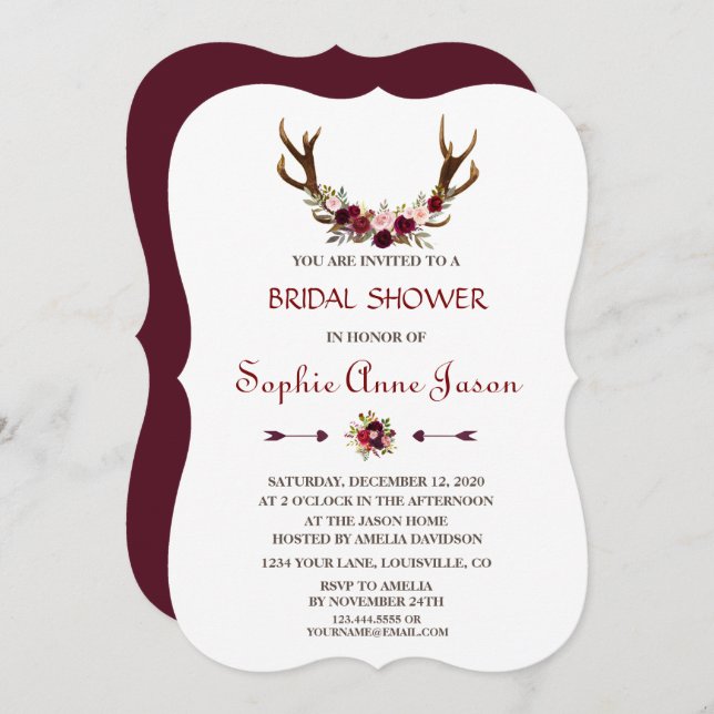 Invitation Chic Mariage Champêtre Burgundy Marsala Floral Cer (Devant / Derrière)