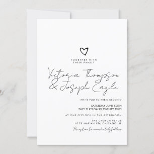 Invitation Chic mariage cœur penché noir blanc Script