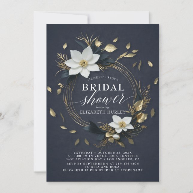 Invitation Chic Mariage Couronne Fleurie Noir Blanc Or (Devant)