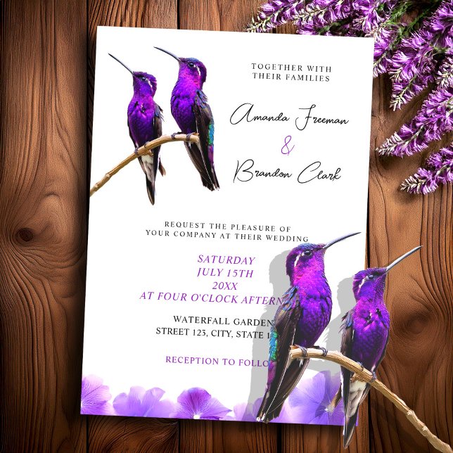 Invitation Chic Mariage de colibris et de pétales violets (Créateur téléchargé)
