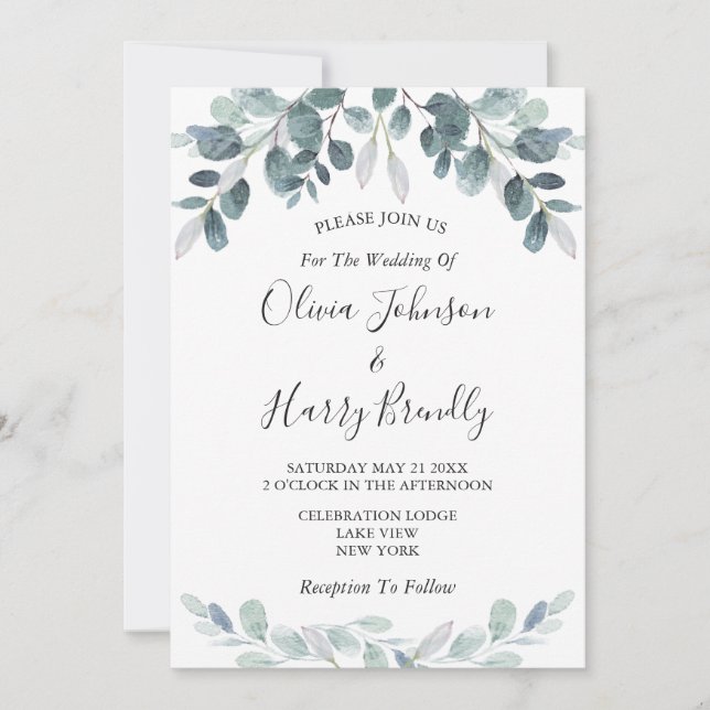 Invitation Chic Mariage de fleurs d'eucalyptus (Devant)