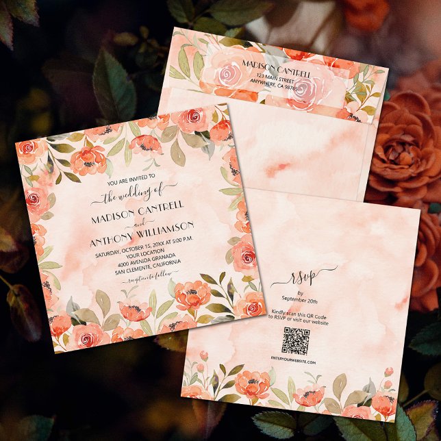 Invitation Chic Mariage Floral Aquarelle Tout En Un (Watercolor orange floral all-in-one wedding invitations (envelopes sold separately.))