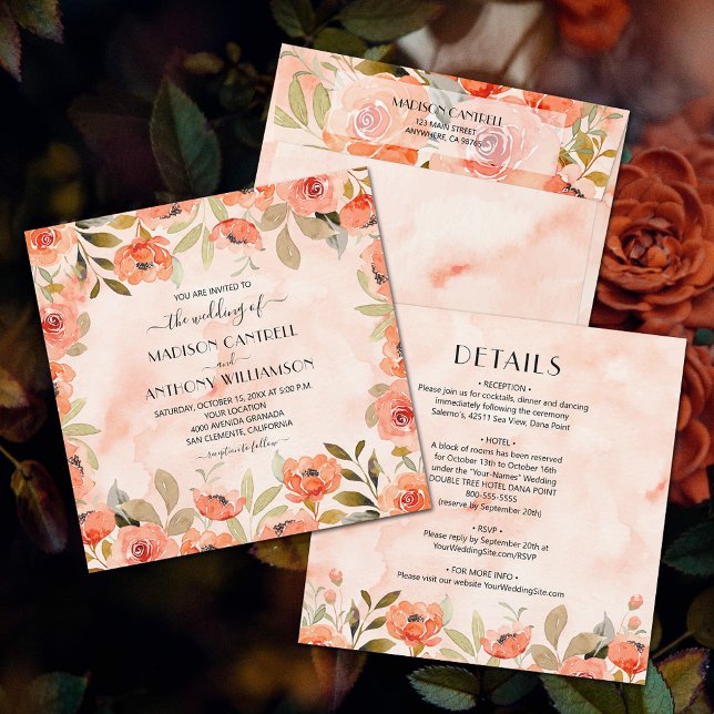 Invitation Chic Mariage Floral Aquarelle Tout En Un (Watercolor orange floral all-in-one wedding invitations (envelopes sold separately.))