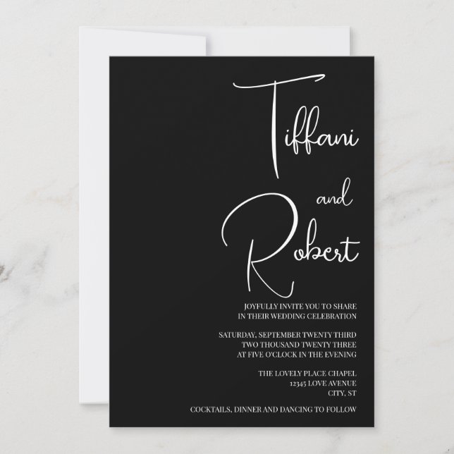 Invitation Chic Mariage noir et blanc monochrome (Devant)
