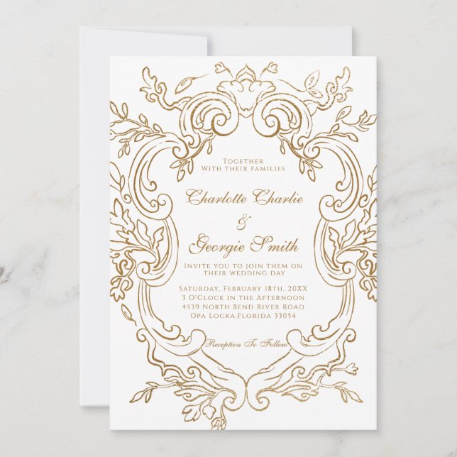 Invitation Chic Mariage Ornate Or Baroque (Devant)