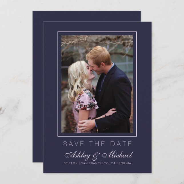 Invitation Chic Mariage Photo Save The Date Bleu Foncé Rose (Devant / Derrière)