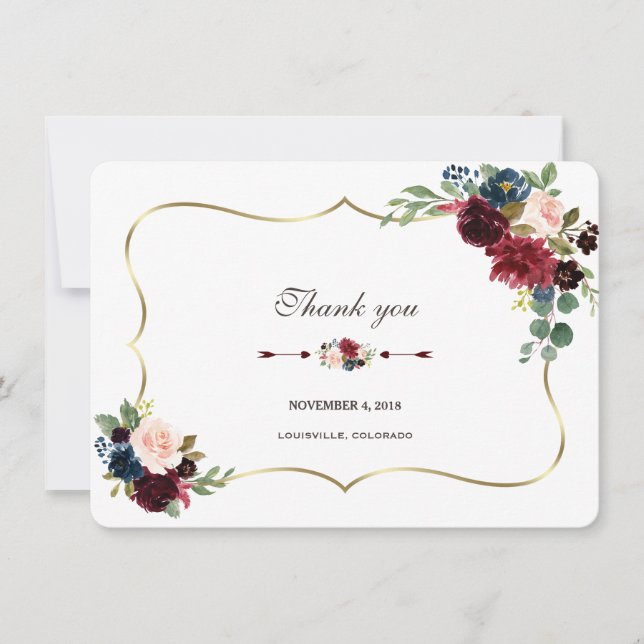 Invitation Chic Mariage Remerciements Merlot Bleu Marine Flor (Devant)