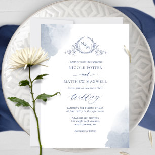 Invitation Chic Marine Bleu Aquarelles, Monogramme Mariage