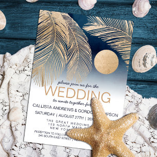 Invitation Chic Marine Bleu Or Blanc Palm Arbre Mariage feuil