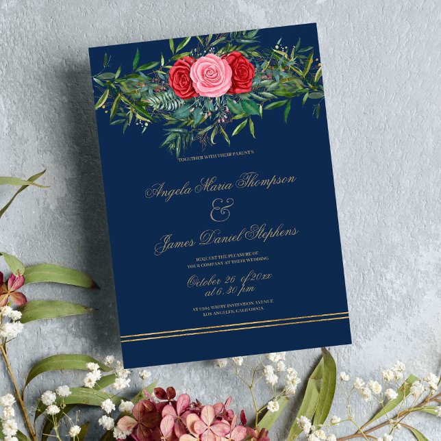 Invitation Chic Marine bleu rose rouge rouge rouge or mariage (Chic Navy blue pink red green gold floral wedding)