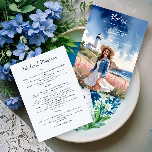 Invitation Chic Marine Landscape Lighthouse Brunette Girl (Chic Marine Landscape Lighthouse Brunette Bride To Be Bachelorette Weekend Invitations Cards.)