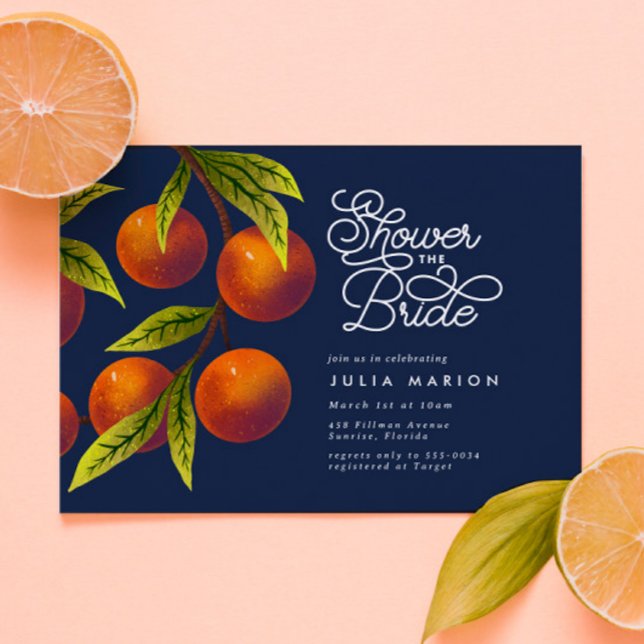 Invitation Chic Marine Oranges Bleues Fête des mariées Citrus (Créateur téléchargé)