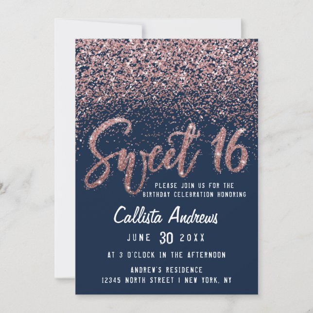 Invitation Chic Marine Rose Gold Scattered Parties scintillan (Devant)