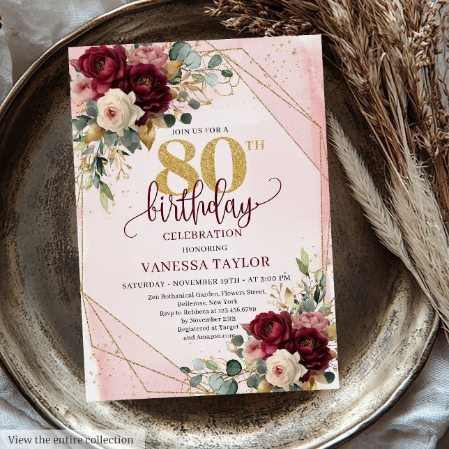 Invitation Chic Maroon Blush Gold Roses 80e anniversaire Invi (Chic Maroon Blush Gold Roses 80th Birthday Invitation)