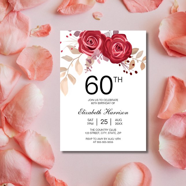 Invitation Chic Maroon Rose Floral Botanique Anniversaire (Créateur téléchargé)