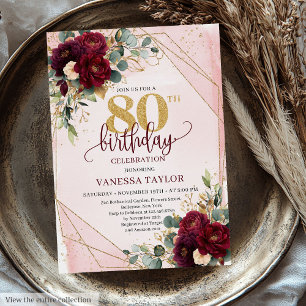 Invitation Chic Maroon White Gold Roses 80e anniversaire Invi